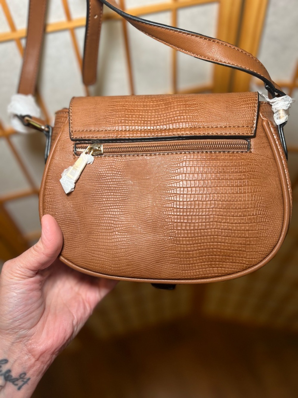 Alyssa Brown Crossbody Bag Vegan Leather Saddle Purse Textured Flap NWT - Picture 8 of 16